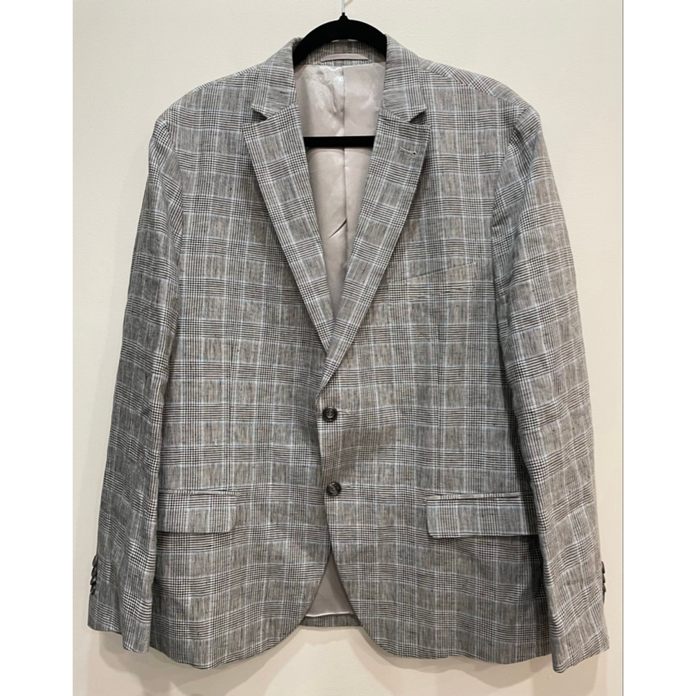 Gruppo Stars Men’s Check Plaid Linen Blazer 44 Short 2 Button Sport Coat Gray